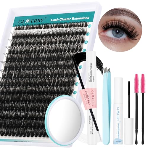 GEMERRY DIY Wimpern-Extensions Kit 60D 0.07D Crul 10-18mm Wimpernverlängerungsset Wimpernkleber Pinzette Wimpernkleber & Entferner Creme & Spiegel DIY Wimpern Cluster Set (60D-Set-7PCS) von GEMERRY