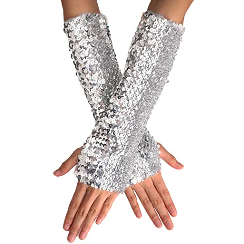 GEMILY Mode Pailletten Handschuhe Fingerlose Cosplay Handschuhe Lange Elastische Sparkly Party Handschuhe Zubehör für Frauen und Mädchen, D-silber, Einheitsgröße von GEMILY
