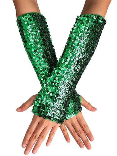 GEMILY Pailletten-Handschuhe, lang, fingerlos, modisch, elastisch, Party-Kostüm-Zubehör für Damen und Mädchen, A-grün, Einheitsgröße von GEMILY