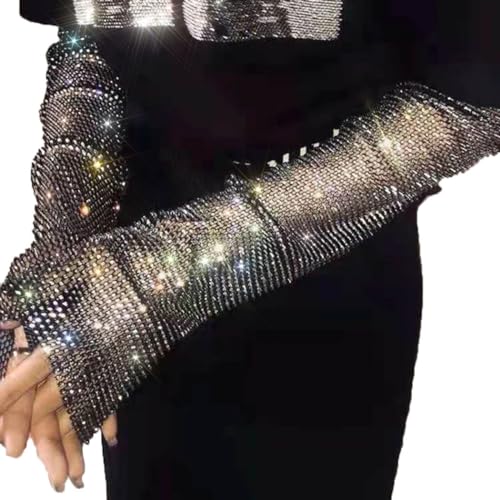 GEMILY Strass Mesh Handschuhe Stretch Fingerlose Fischnetz Handschuhe Rave Party Glitzer Kostüm Handschuhe für Damen und Mädchen, Schwarz Weiß, Einheitsgröße von GEMILY