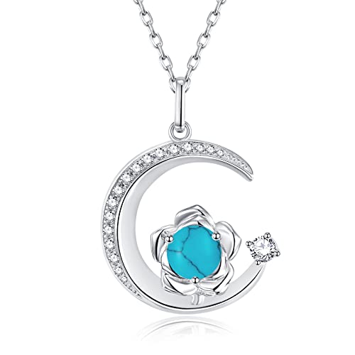 925 Sterling Silber Dezember Geburtsstein Erstellt Türkis Halskette Rose & Mond Anhänger Edelstein Geburtstag Weihnachtsschmuck Geschenke für Frauen Mädchen Mutter Tochter, verstellbare Kette von GEMLANTO