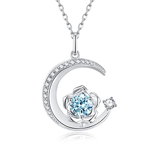 925 Sterling Silber März Geburtsstein Erstellt Aquamarin Halskette Rose & Mond Anhänger Blauer Edelstein Geburtstag Jahrestag Schmuck Geschenke für Frauen Mädchen Mutter Tochter, verstellbare Kette von GEMLANTO