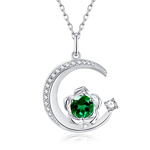 GEMLANTO 925 Sterling Silber Mai Geburtsstein Erstellt Smaragd Halskette Rose & Mond Anhänger Edelstein Geburtstag Muttertag Schmuck Geschenke für Frauen Mädchen Mutter Tochter, verstellbare Kette von GEMLANTO