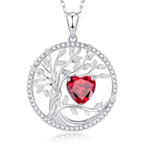 GEMLANTO Lebensbaum Halsketten 925 Sterling Silber Juli Geburtsstein Rubin Halskette Rot Herz Edelstein Schmuck für Frauen, 45+5cm Verlängerungen von GEMLANTO