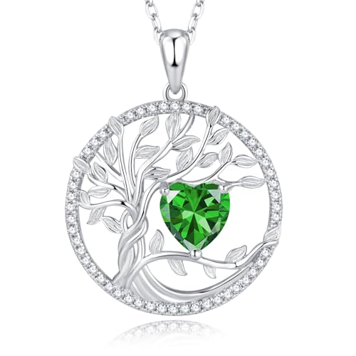 GEMLANTO Lebensbaum Halsketten 925 Sterling Silber Mai Geburtsstein Smaragd Halskette Grün Herz Edelstein Schmuck für Frauen, 45+5cm Verlängerungen von GEMLANTO