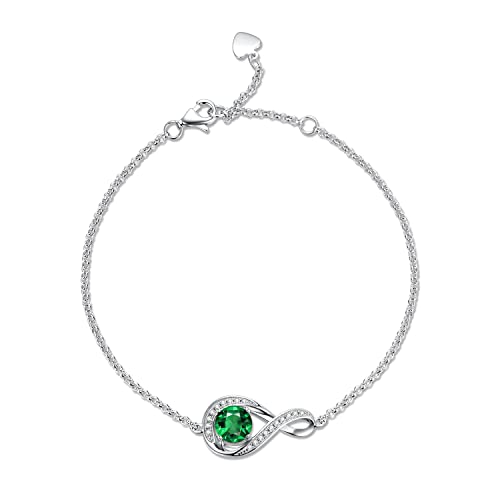 GEMLANTO 925 Sterling Silber Armband Infinity Kreierter Smaragd Armband Mai Geburtsstein Armbänder für Damen Geburtstag Jubiläum Schmuck Geschenke, Verstellbare Kette 17+1.5+1.5CM von GEMLANTO