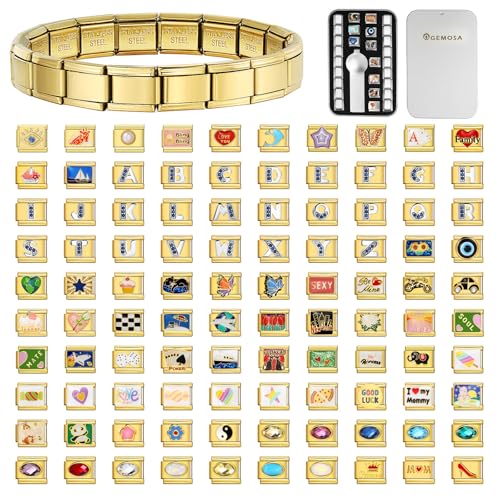 GEMOSA Italian Charm Bracelet Gold – 18 Glieder Armband aus Edelstahl, 10 personalisierte 9mm Charms aus 100 Motiven, DIY Geschenk Set mit Werkzeug & Box für Damen GEMOSA Italian Charm Bracelet Gold – 18 Glieder Armband aus Edelstahl, 10 personalisierte 9mm Charms aus 100 Motiven, DIY Geschenk Set mit Werkzeug & Box für Damen von GEMOSA