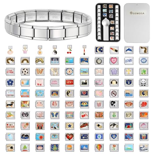 GEMOSA Italian Charm Bracelet Set – 10 personalisierte 9mm Charms aus 100 Motiven, Edelstahl Armband 18 Glieder mit Werkzeug, Geschenkbox für Damen DIY GEMOSA Italian Charm Bracelet Set – 10 personalisierte 9mm Charms aus 100 Motiven, Edelstahl Armband 18 Glieder mit Werkzeug, Geschenkbox für Damen DIY von GEMOSA