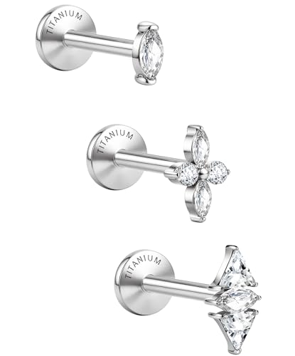 GEMQUEEN G23 Implantatqualität Titan flache Rückseite Ohrringe 5A CZ Ohrstecker: 14 Karat Gold Hypoallergen 3 Stück 18 G Innengewinde Tragus Knorpel Conch Helix Piercing Schmuck für empfindliche Ohren von GEMQUEEN