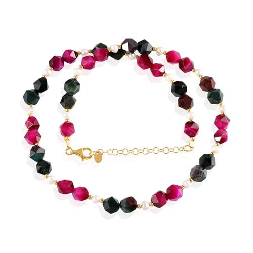 GEMSTONE COUTURE Rosa Tigerauge und afrikanischer Blutstein-Halskette für Frauen, Sternschliff-Naturedelstein-Schmuck für Sie – 50 cm von GEMSTONE COUTURE