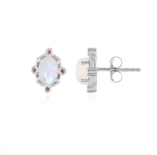 Natürlicher Regenbogen-Mondstein mit Rhodolit-Granat, hergestellt aus 925er Silber, Edelstein-Perlenohrring für Frauen, Schmuck für Sie von GEMSTONE COUTURE