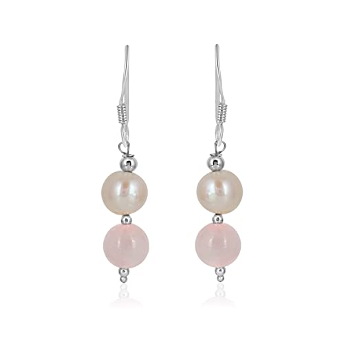Rosenquarz- und Perlen-Edelsteinperlen-Ohrringe für Frauen, hergestellt aus 925er Silber, Schmuck für Sie von GEMSTONE COUTURE