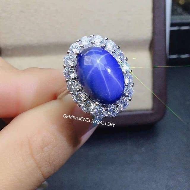 Blauer Stern Saphir Ring, Massiver Silber 10×14mm Oval Cabochon Stein Edelstein Jahrestag Ring von GEMSnJEWELRYGALLERY