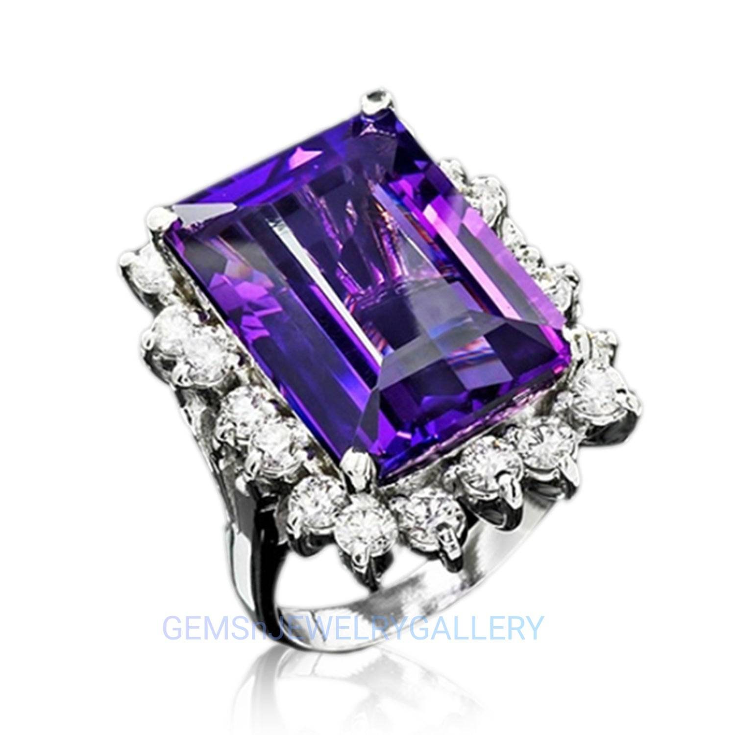 Großer Natürlicher Amethyst Ring, Massives Silber, 13×18mm Smaragdschliff Edelstein, Jubiläumsring von GEMSnJEWELRYGALLERY