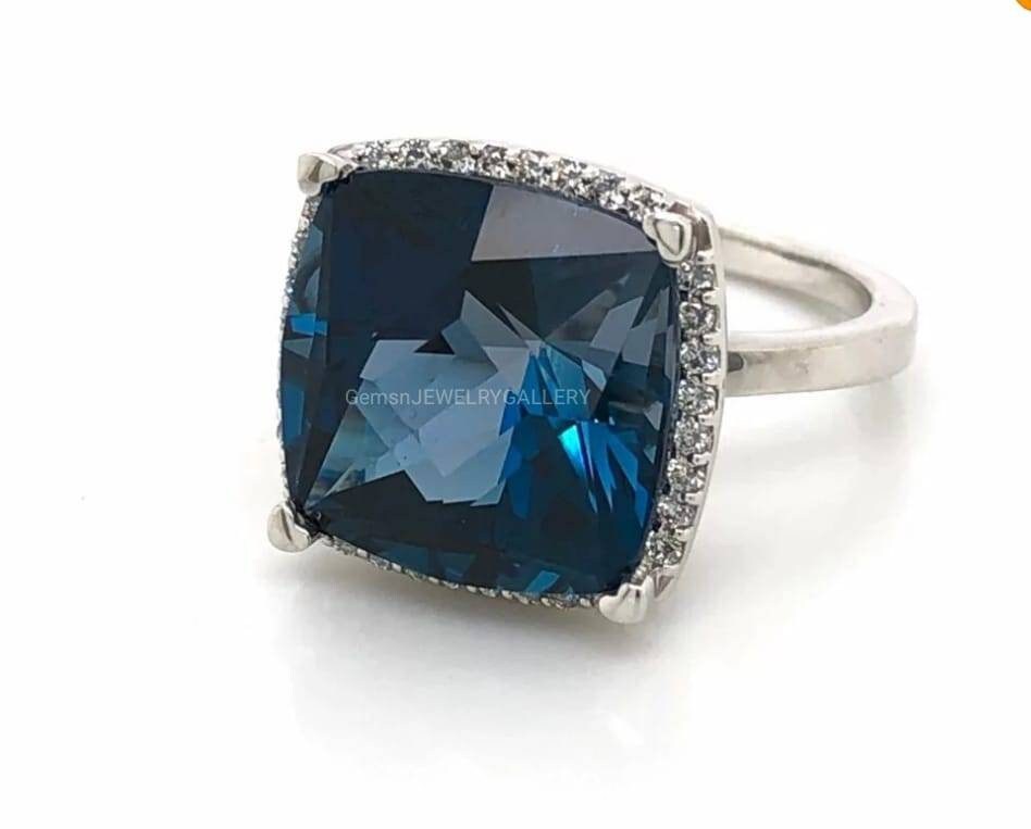 Großer Natürlicher London Blue Topas Ring, Sterling Silber, 12×12mm Kissenschliff Edelstein, Jubiläumsring von GEMSnJEWELRYGALLERY