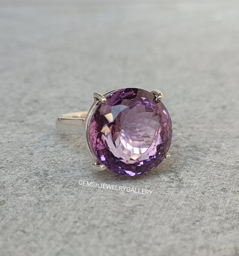 Natürlicher Amethyst Ring, Massiver Silber Großer Rundschliff Edelstein Februar Geburtsstein, 16×16mm von GEMSnJEWELRYGALLERY