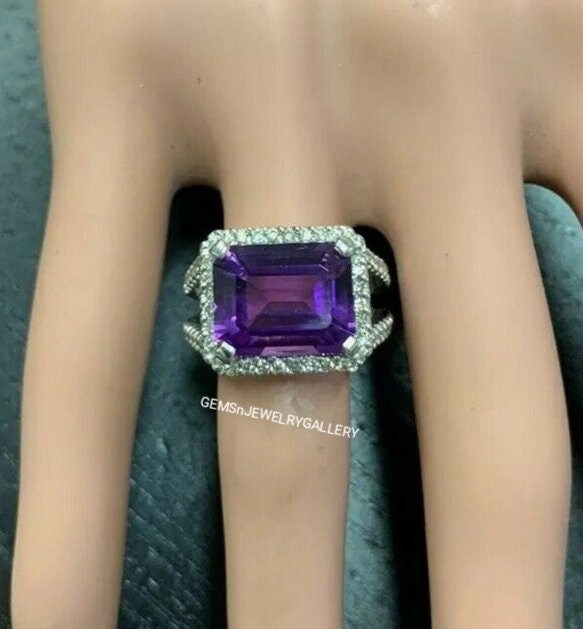 Natürlicher Amethyst Ring, Massiver Silber Halo 10×12mm Smaragdschliff Edelstein, Jubiläumsring von GEMSnJEWELRYGALLERY