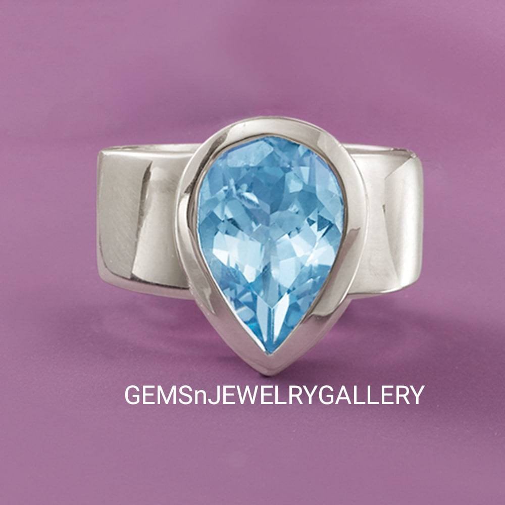 Natürlicher Blautopas Ring, Massiver Silberring, 10×14mm Pear Cut Edelstein, Blauer Edelstein Jubiläumsring von GEMSnJEWELRYGALLERY