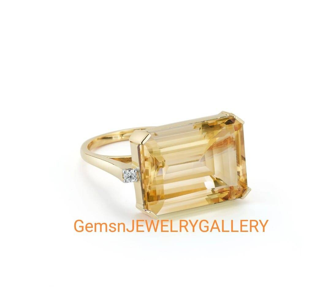 Natürlicher Goldener Citrin Ring, Massives Silber, 10×14mm Smaragdschliff Edelstein, Jubiläumsring von GEMSnJEWELRYGALLERY