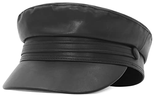 GEMVIE Damen Schirmmütze Leder Kapitänsmütze Vintage Baskenmütze Schiffermütze Visor Cap Schwarz von GEMVIE