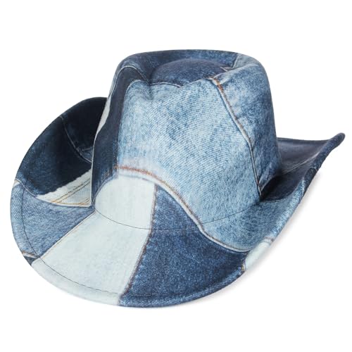 GEMVIE Tie Dye Denim Print Patchwork Cowboyhut für Damen Herren Westernhut mit Breiter Krempe Kostümparty Hut von GEMVIE