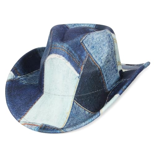 GEMVIE Tie Dye Denim Print Patchwork Cowboyhut für Damen Herren Westernhut mit Breiter Krempe Kostümparty Hut von GEMVIE