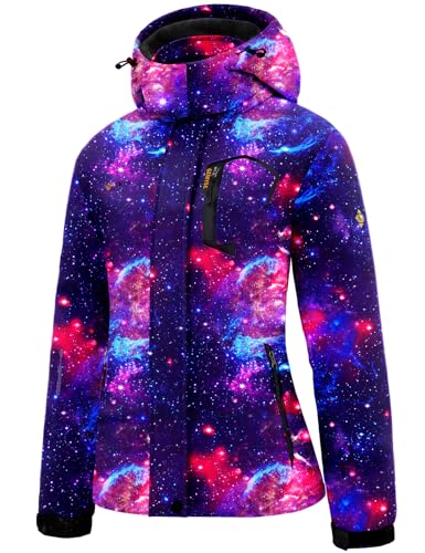 GEMYSE Damen Skijacke Wasserdicht Fleece Winterjacke Winddicht Schneejacke mit Kapuze für Outdoor Aktivitäten und Sport(Marineblauer Stern,XL) von GEMYSE