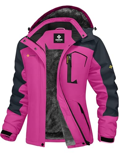 GEMYSE Damen Skijacke Wasserdicht Fleece Winterjacke Winddicht Schneejacke mit Kapuze für Outdoor Aktivitäten und Sport(Rosenrot Grau,L) von GEMYSE