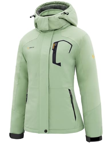 GEMYSE Damen Skijacke Wasserdicht Fleece Winterjacke Winddicht Schneejacke mit Kapuze für Outdoor Aktivitäten und Sport(Eisgrün,XL) von GEMYSE