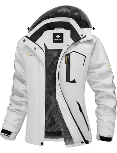 GEMYSE Damen Skijacke Wasserdicht Fleece Winterjacke Winddicht Schneejacke mit Kapuze für Outdoor Aktivitäten und Sport(Weiß,L) von GEMYSE