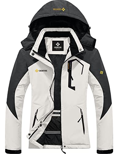 GEMYSE Damen Skijacke Wasserdicht Fleece Winterjacke Winddicht Schneejacke mit Kapuze für Outdoor Aktivitäten und Sport(Weiß Dunkelgrau,L) von GEMYSE
