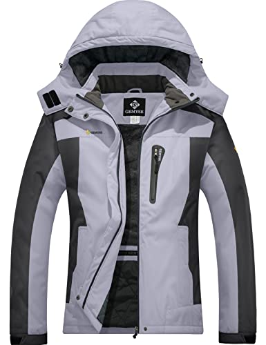 GEMYSE Damen Wasserdichte Berg-Skijacke Winddichte Fleece Outdoor-Winterjacke mit Kapuze (Grau schwarz,2XL) von GEMYSE