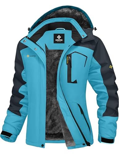 GEMYSE Damen Wasserdichte Berg-Skijacke Winddichte Fleece Outdoor-Winterjacke mit Kapuze (Hellblau Grau,M) von GEMYSE