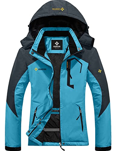 GEMYSE Damen Wasserdichte Berg-Skijacke Winddichte Fleece Outdoor-Winterjacke mit Kapuze (Hellblau Grau,XL) von GEMYSE