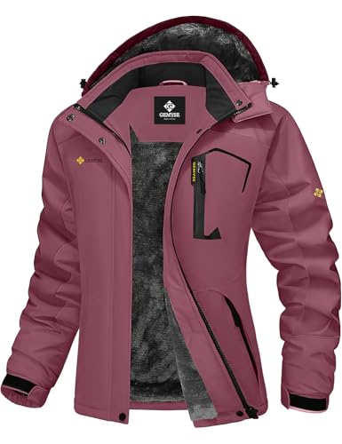 GEMYSE Damen Wasserdichte Berg-Skijacke Winddichte Fleece Outdoor-Winterjacke mit Kapuze (Hellpink,S) von GEMYSE