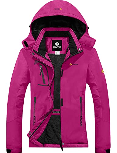 GEMYSE Damen Wasserdichte Berg-Skijacke Winddichte Fleece Outdoor-Winterjacke mit Kapuze (Rosenrot,M) von GEMYSE