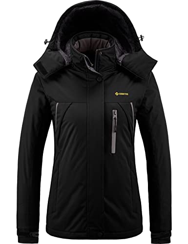 GEMYSE Damen Wasserdichte Berg-Skijacke Winddichte Fleece Outdoor-Winterjacke mit Kapuze (Schwarz,2XL) von GEMYSE