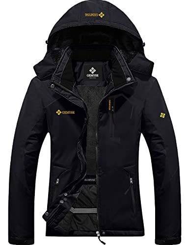 GEMYSE Damen Wasserdichte Berg-Skijacke Winddichte Fleece Outdoor-Winterjacke mit Kapuze (Schwarz,2XL) von GEMYSE
