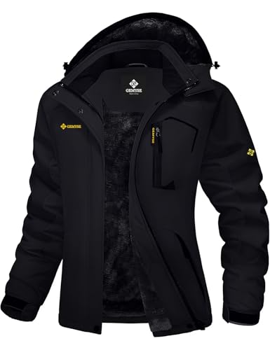 GEMYSE Damen Wasserdichte Berg-Skijacke Winddichte Fleece Outdoor-Winterjacke mit Kapuze (Schwarz,M) von GEMYSE