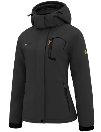 GEMYSE Damen Wasserdichte Berg-Skijacke Winddichte Skijacke Fleece Outdoor-Winterjacke mit Kapuze (Eisen Grau,L) von GEMYSE