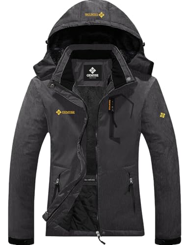 GEMYSE Damen Wasserdichte Berg-Skijacke Winddichte Skijacke Fleece Outdoor-Winterjacke mit Kapuze (Graphitgrau,L) von GEMYSE