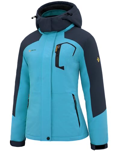 GEMYSE Damen Wasserdichte Berg-Skijacke Winddichte Skijacke Fleece Outdoor-Winterjacke mit Kapuze (Hellblau Grau,L) von GEMYSE