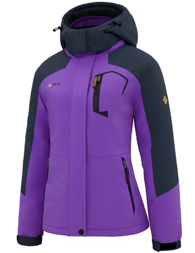 GEMYSE Damen Wasserdichte Berg-Skijacke Winddichte Skijacke Fleece Outdoor-Winterjacke mit Kapuze (Lila Grau,2XL) von GEMYSE