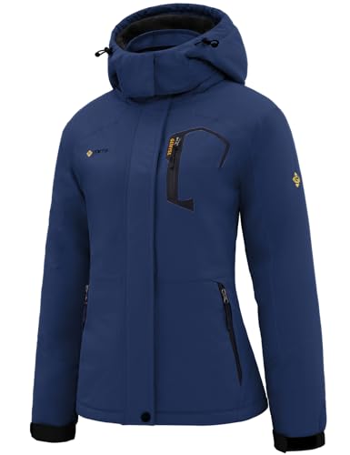 GEMYSE Damen Wasserdichte Berg-Skijacke Winddichte Skijacke Fleece Outdoor-Winterjacke mit Kapuze (Navy,M) von GEMYSE