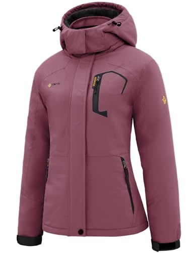 GEMYSE Damen Wasserdichte Berg-Skijacke Winddichte Skijacke Fleece Outdoor-Winterjacke mit Kapuze (Rosa,L) von GEMYSE