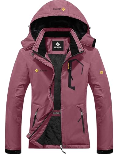 GEMYSE Damen Wasserdichte Berg-Skijacke Winddichte Skijacke Fleece Outdoor-Winterjacke mit Kapuze (Rosa,XL) von GEMYSE
