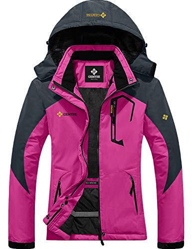 GEMYSE Damen Wasserdichte Berg-Skijacke Winddichte Skijacke Fleece Outdoor-Winterjacke mit Kapuze (Rosenrot Grau,2XL) von GEMYSE