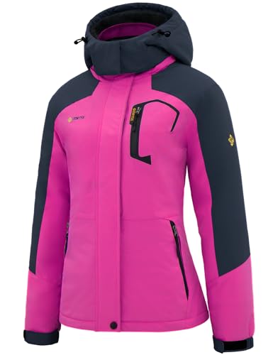 GEMYSE Damen Wasserdichte Berg-Skijacke Winddichte Skijacke Fleece Outdoor-Winterjacke mit Kapuze (Rosenrot Grau,L) von GEMYSE