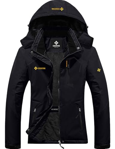 GEMYSE Damen Wasserdichte Berg-Skijacke Winddichte Skijacke Fleece Outdoor-Winterjacke mit Kapuze (Schwarz,M) von GEMYSE