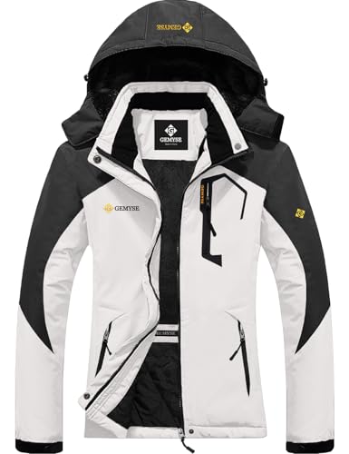 GEMYSE Damen Wasserdichte Berg-Skijacke Winddichte Skijacke Fleece Outdoor-Winterjacke mit Kapuze (Weiß Dunkelgrau,S) von GEMYSE